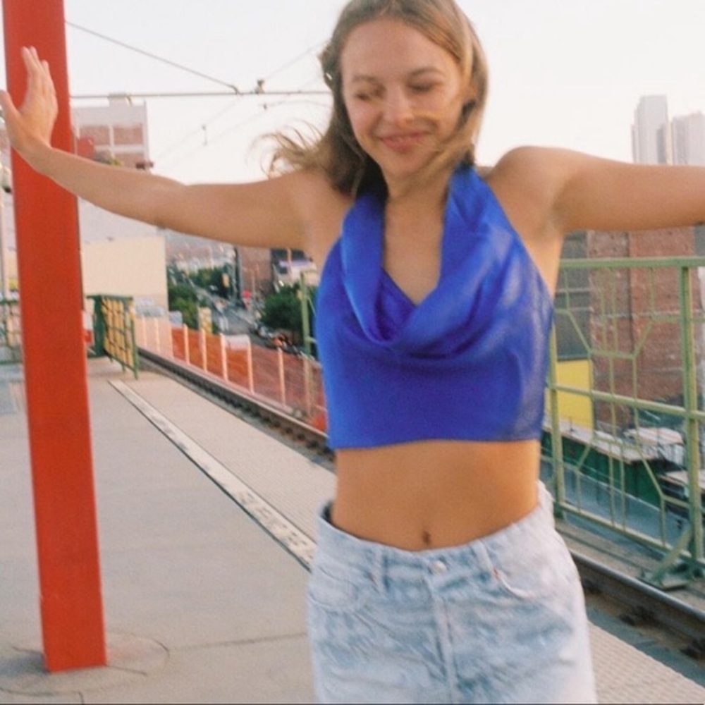 Zara Blue Satin Cowl Neck Crop Top